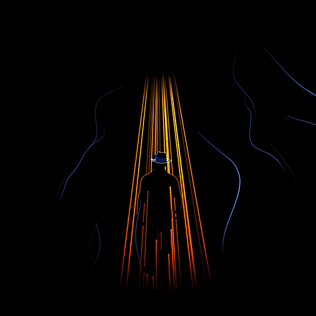 Frame from Laser Michael: a figure in a fedora beneath descending orange beams