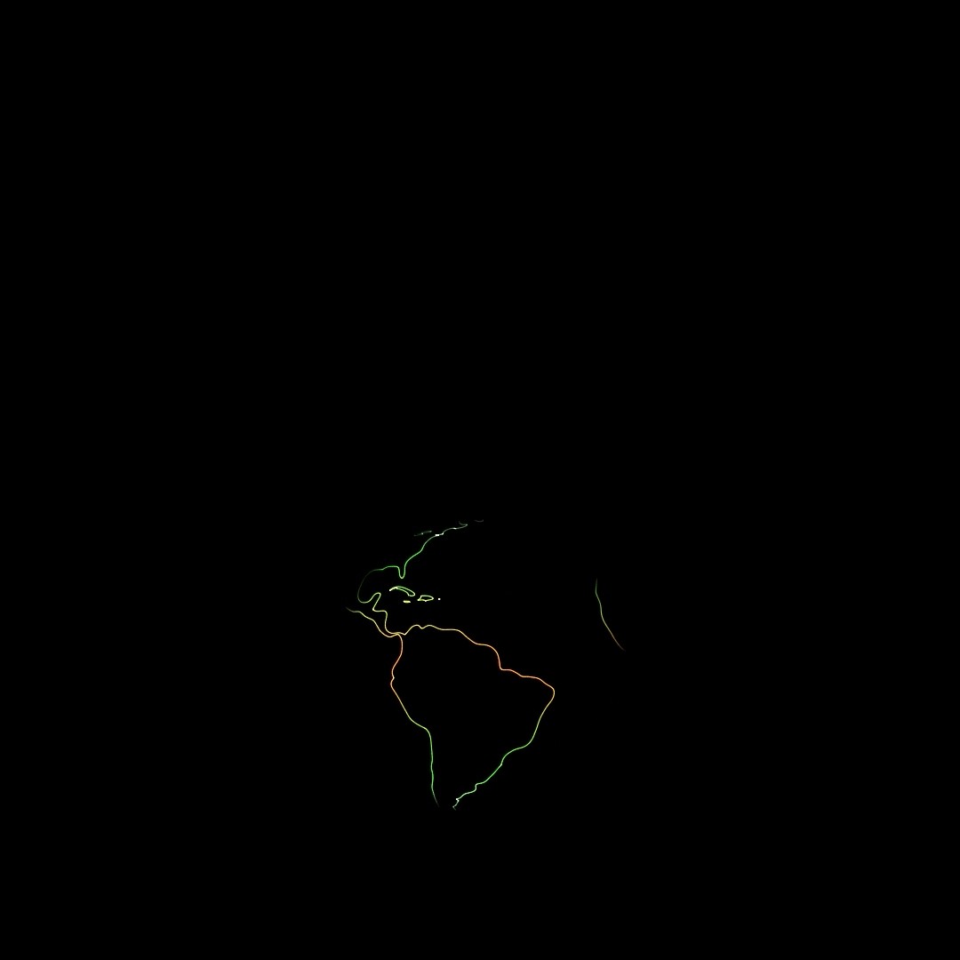 Continental coastlines traced in green and orange laser lines