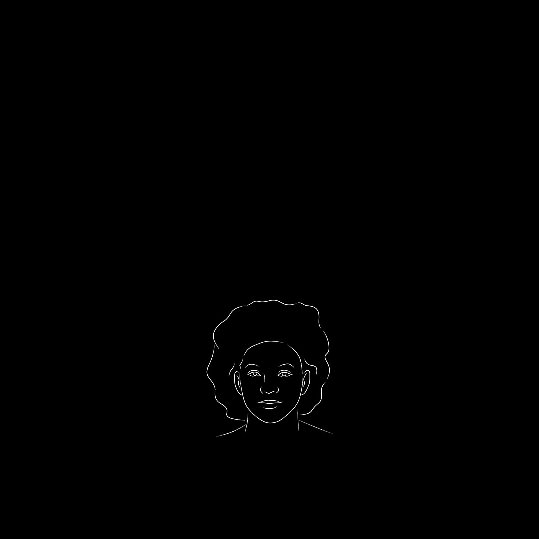 Line portrait of a woman with an afro, drawn in white single-stroke paths