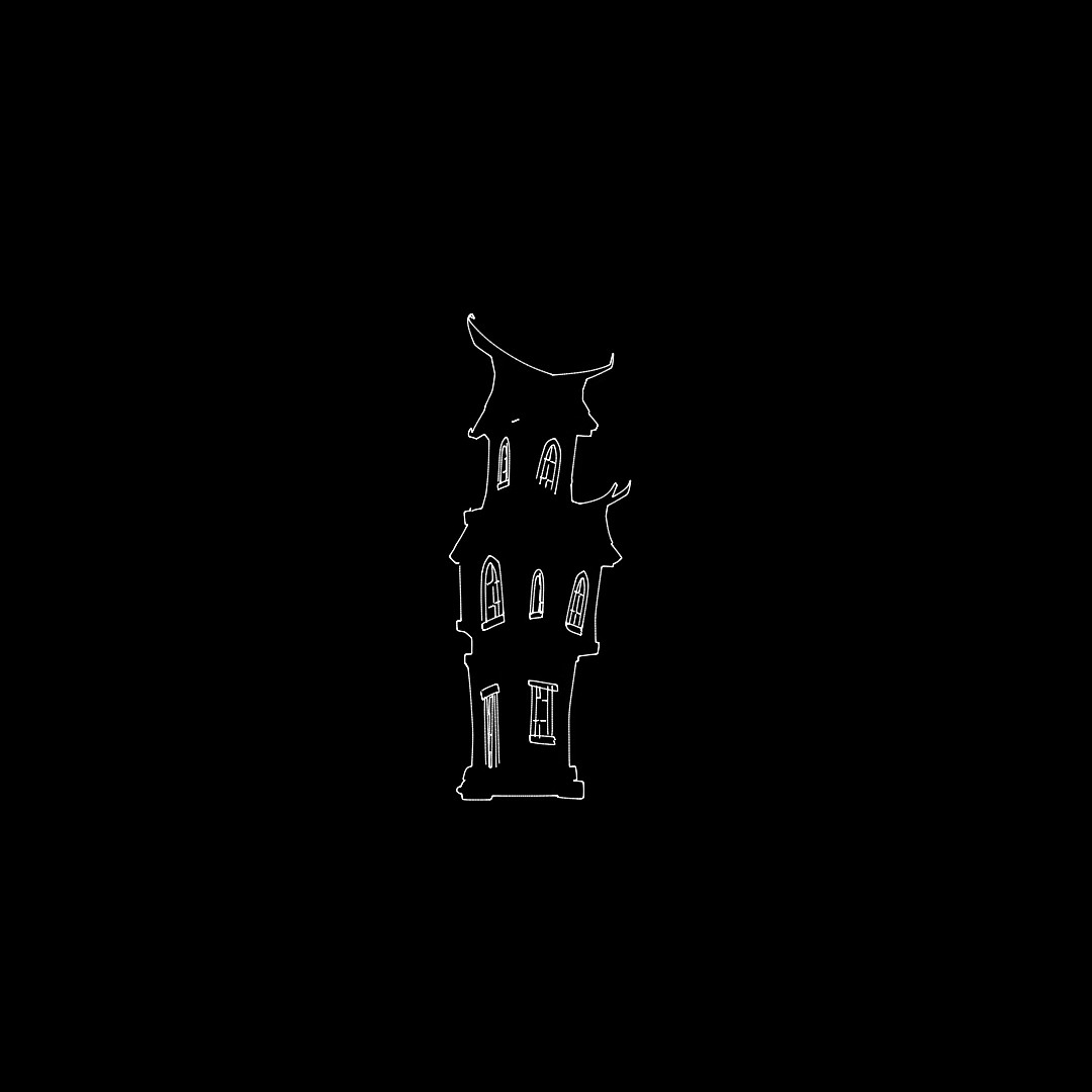 A haunted house outline with arched windows, drawn in white laser lines