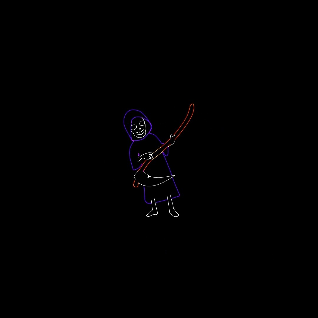 A hooded reaper figure holding a scythe, drawn in purple and red