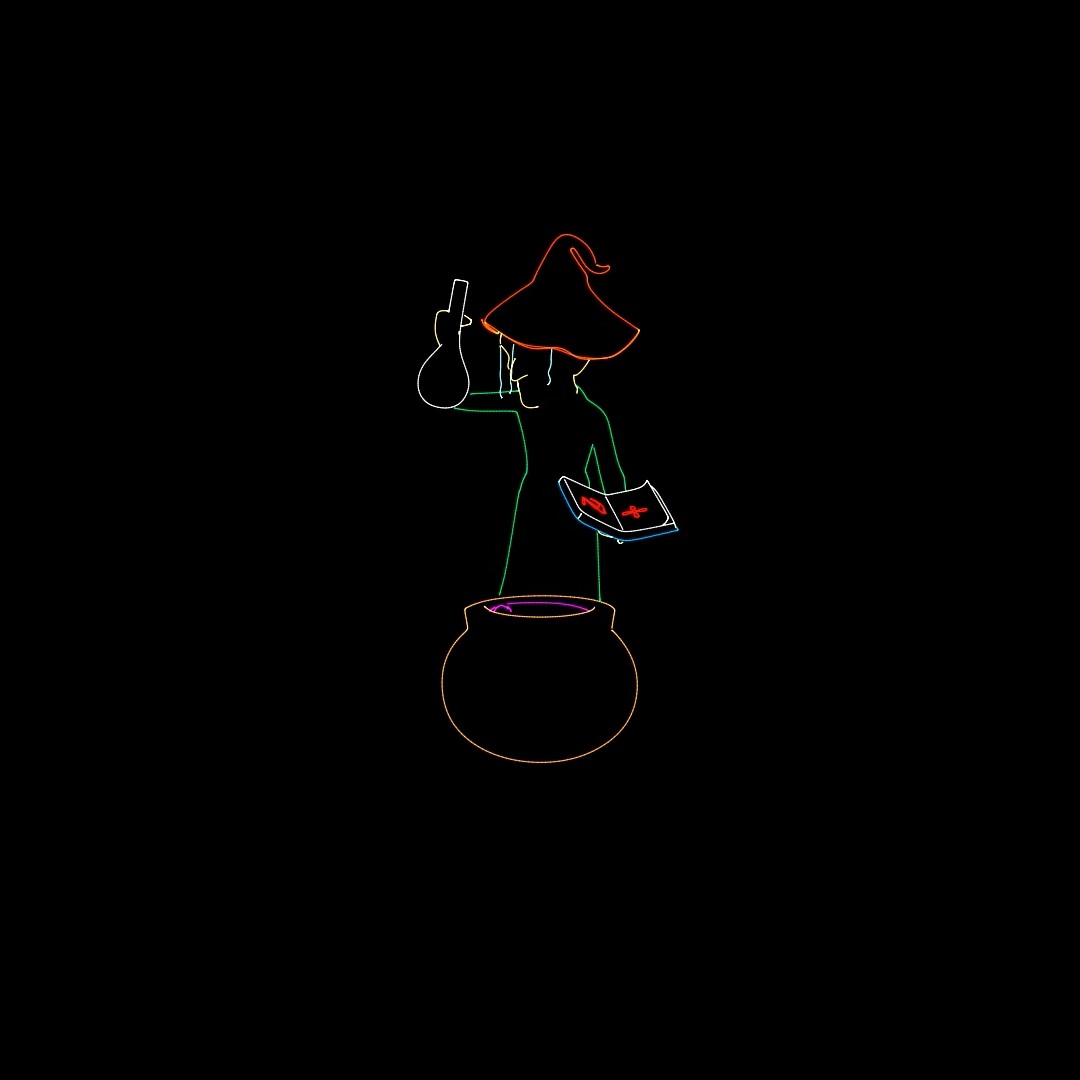A witch in a red hat holding a book and a bottle above a cauldron