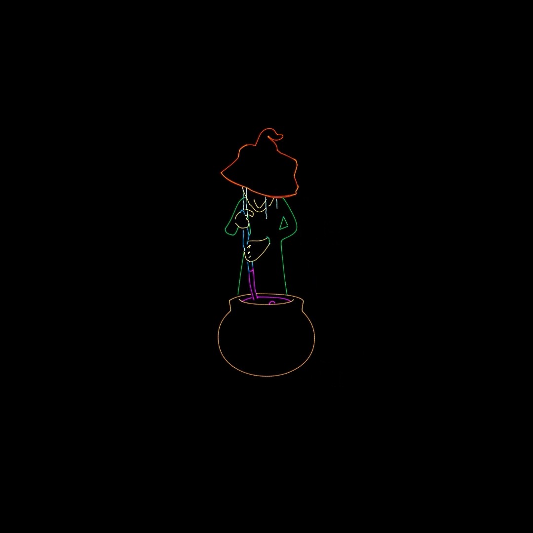 The witch stirring the cauldron with a ladle
