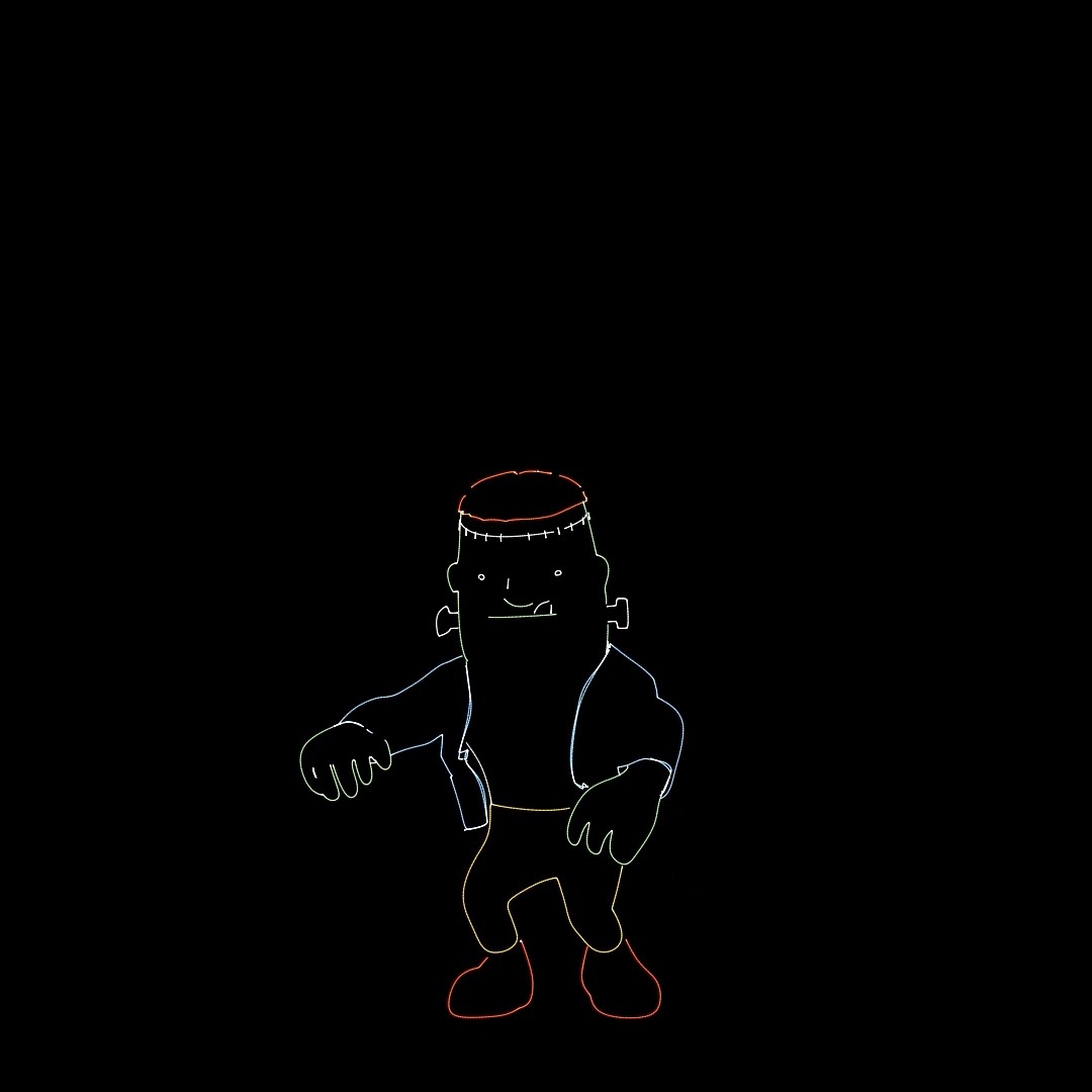 A flat-headed monster with bolts, drawn in mixed colors
