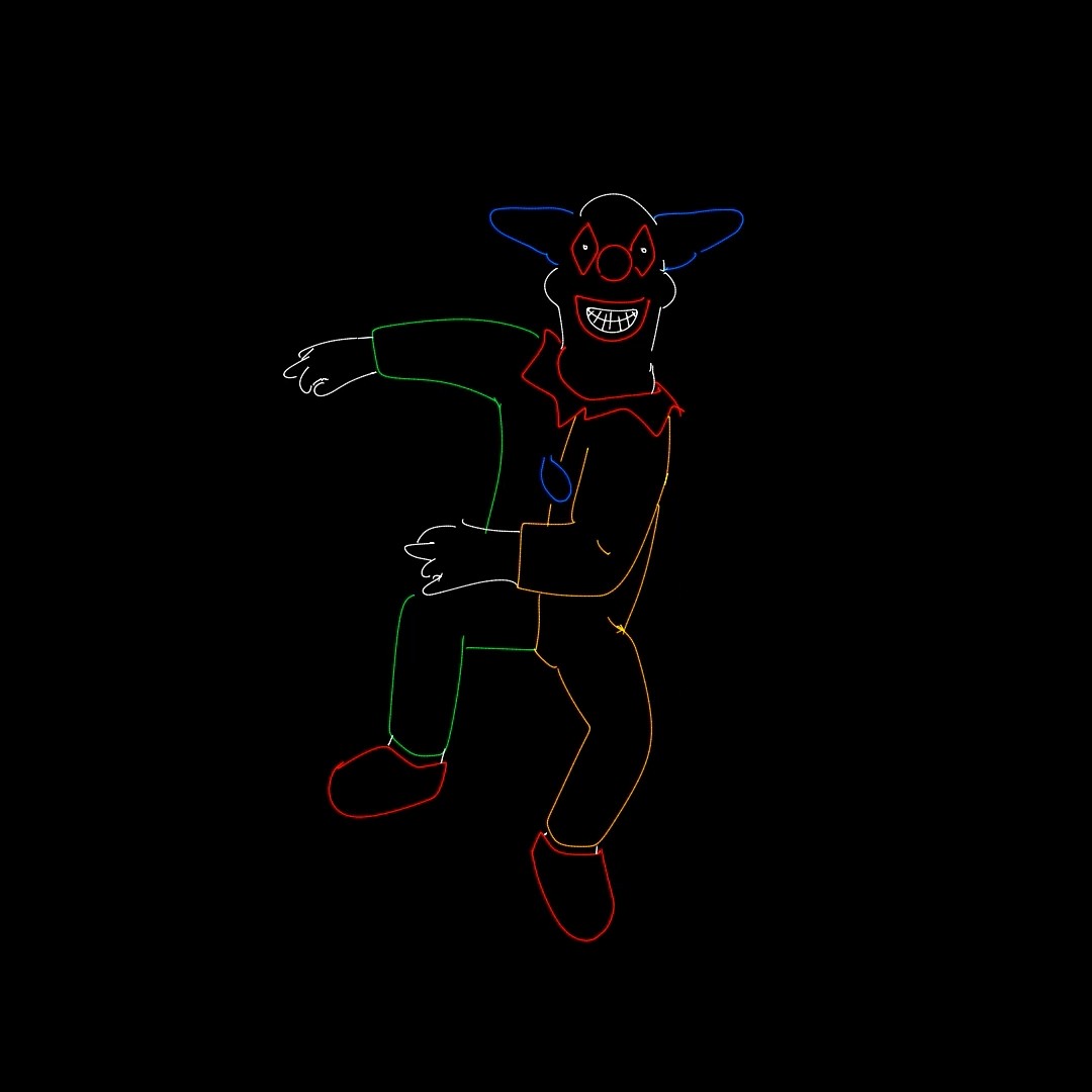 A grinning clown mid-stride with blue hair and red shoes