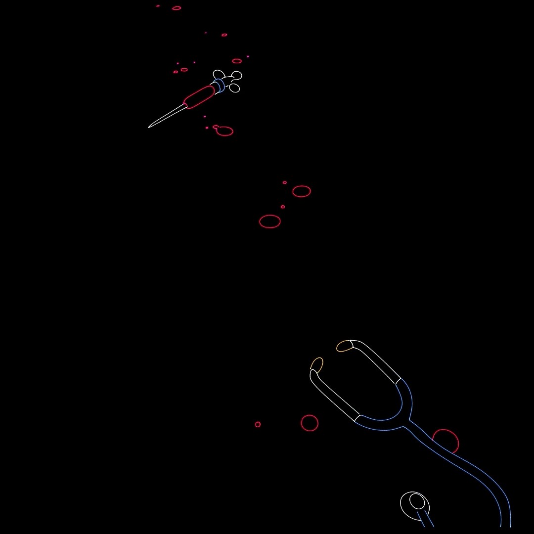 A syringe and a stethoscope drawn among scattered droplets