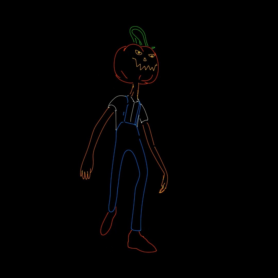A pumpkin-headed figure in dungarees, standing