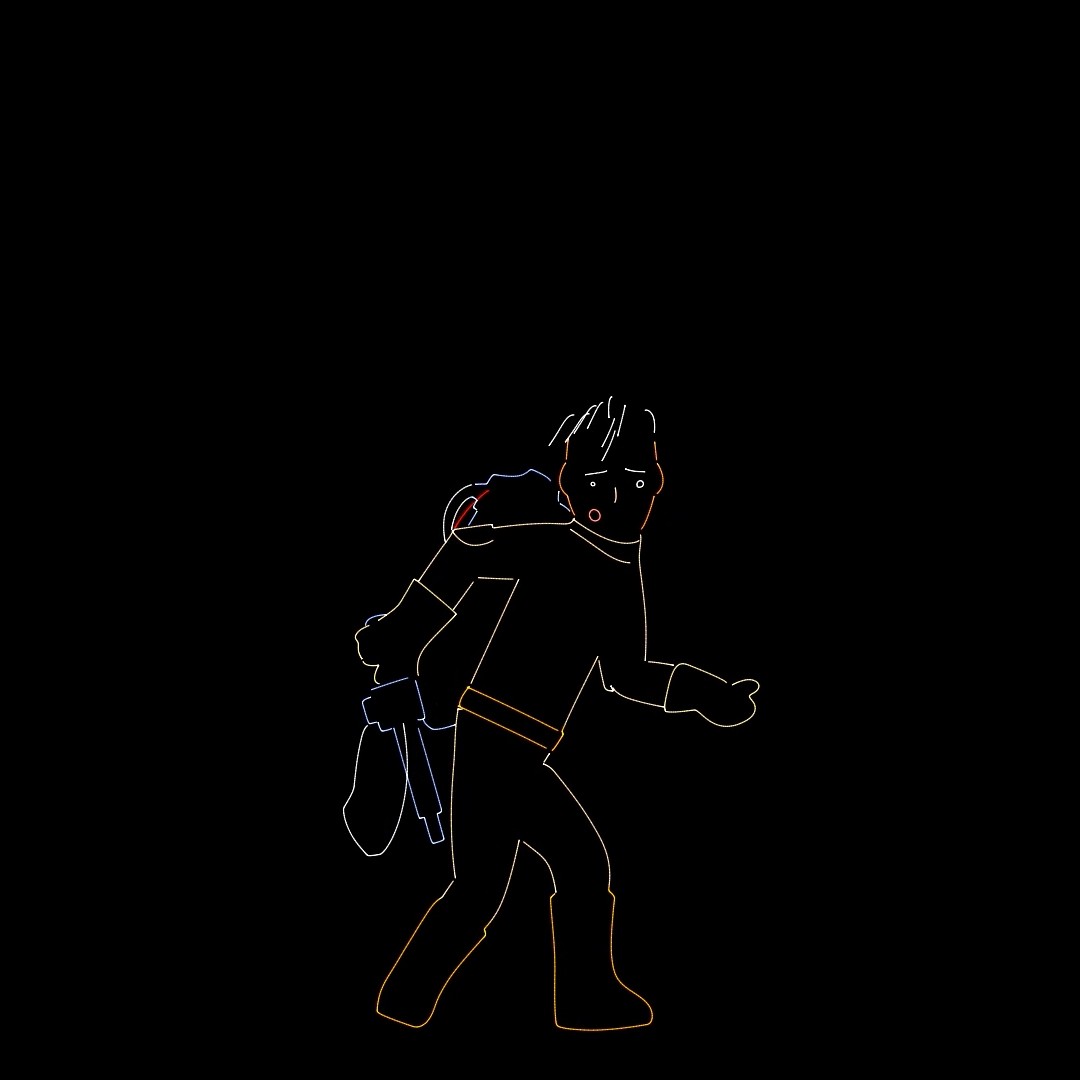 A figure carrying a backpack device, turning mid-stride