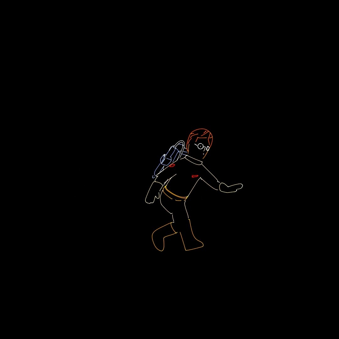 A second figure with glasses, running, drawn in orange and red