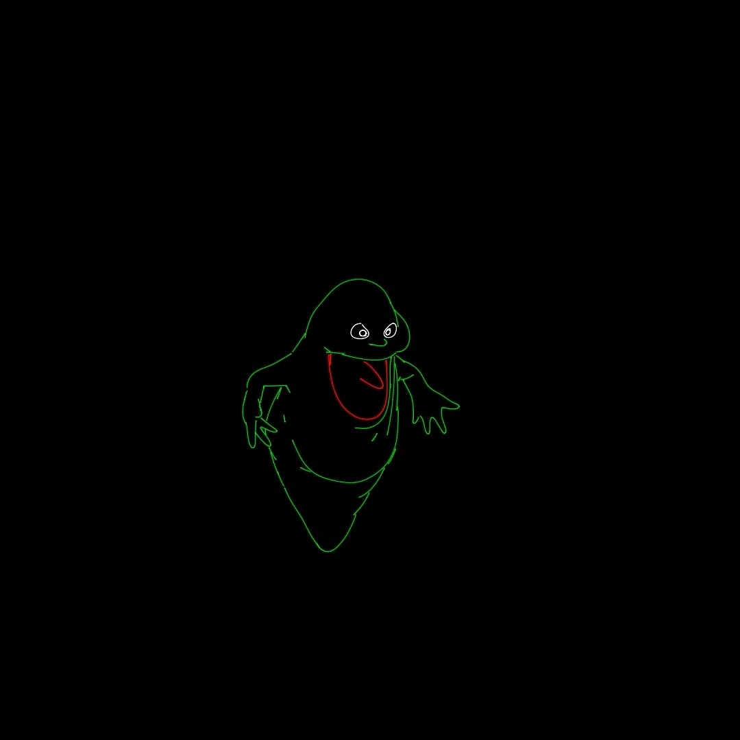 A green cartoon ghost with an open red mouth