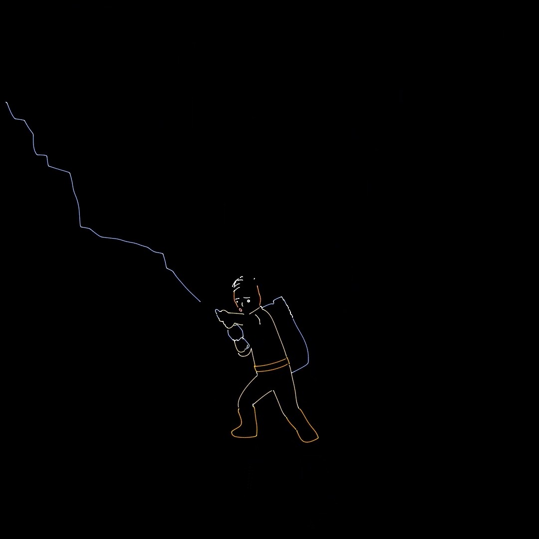 A figure firing a jagged blue beam across the frame