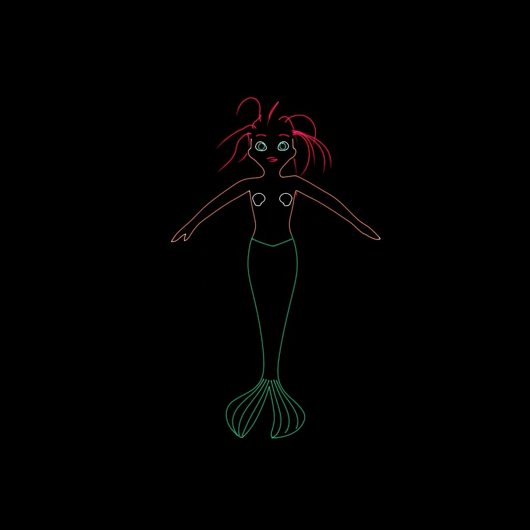 A mermaid with red hair and a green tail, drawn in laser lines