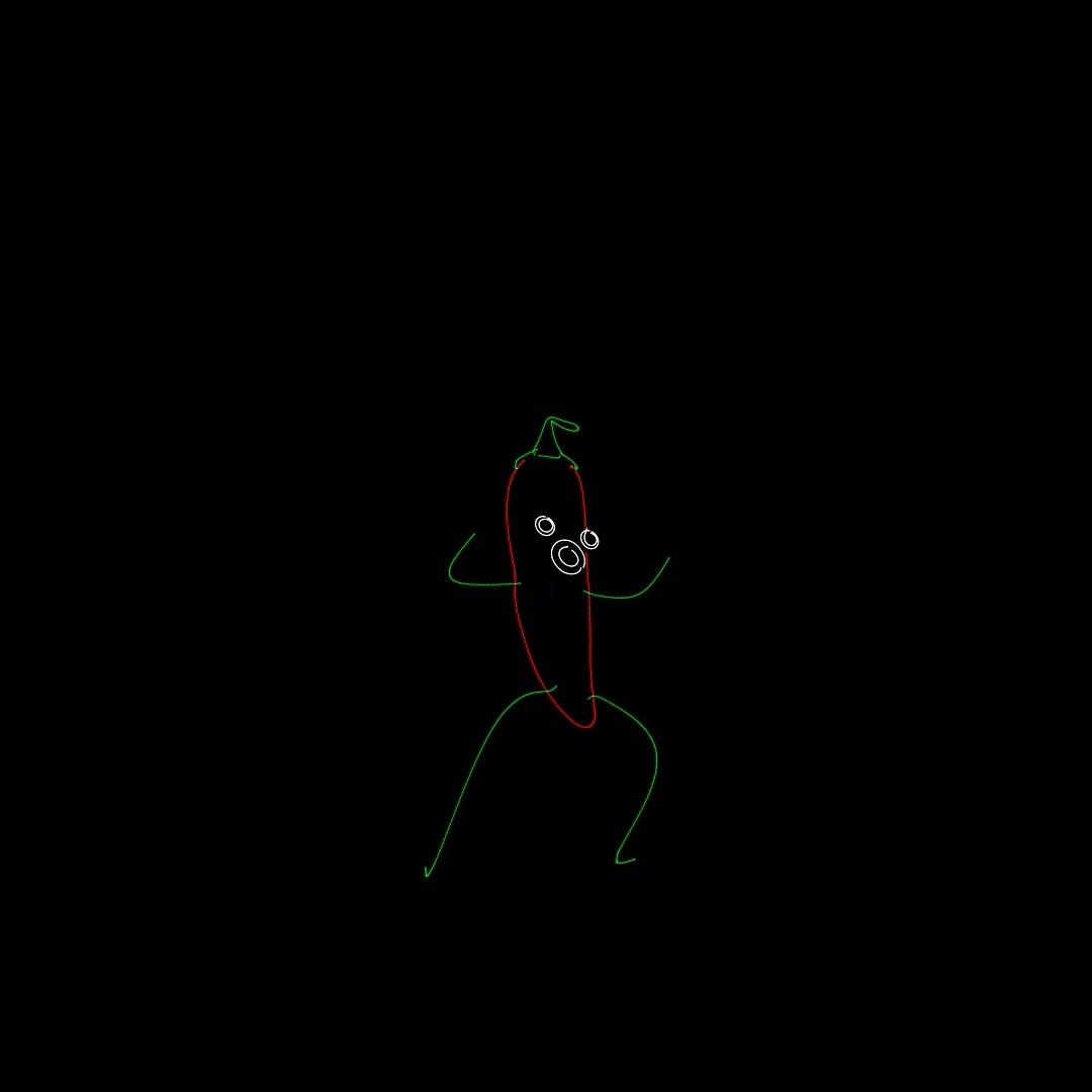 A red chilli character with green arms and legs, dancing