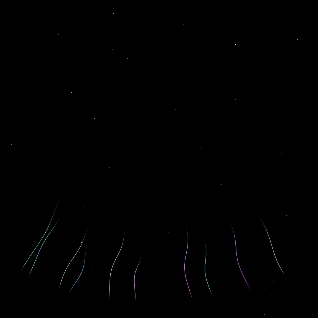 Colored streaks rising from the horizon beneath stars