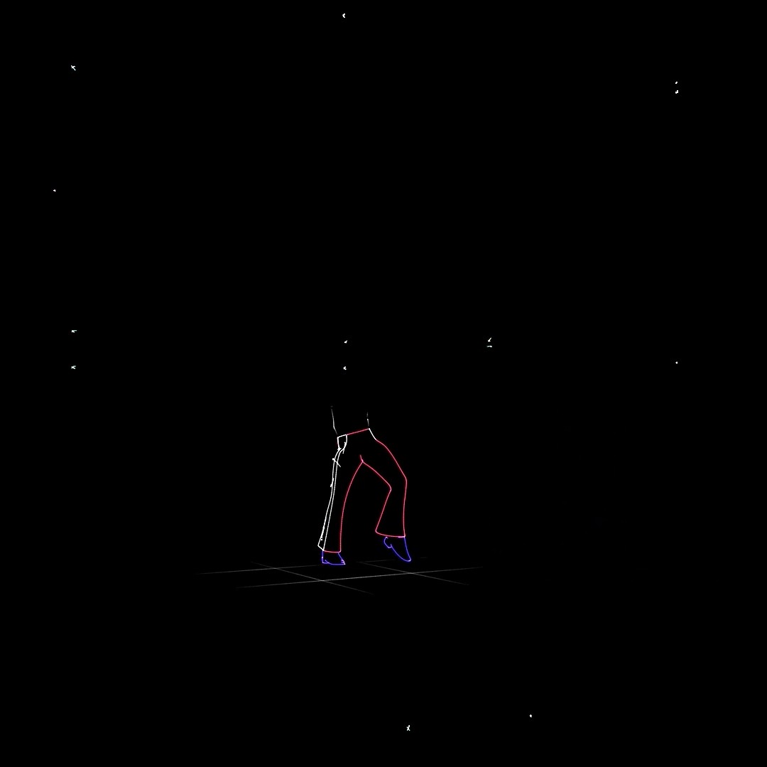 A dancing figure's legs and shoes above a perspective grid floor