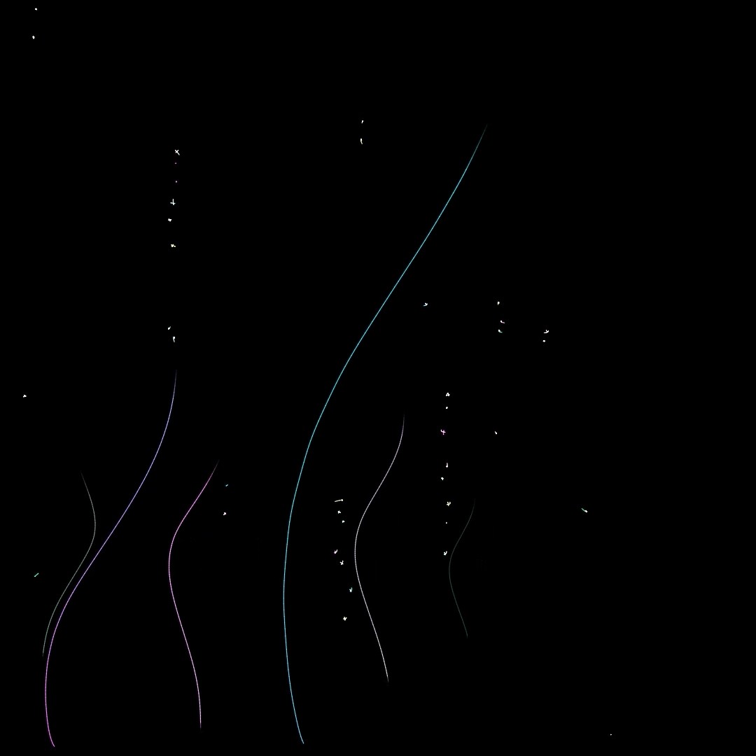 Flowing colored curves crossing a star field