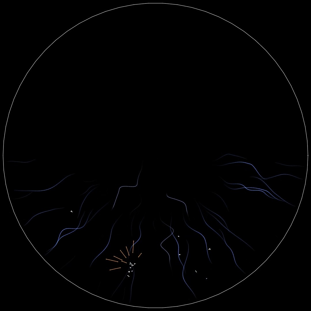 Blue smoke tendrils filling the dome with a small orange burst