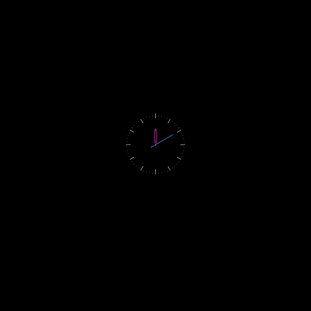 A clock face with magenta and cyan hands drawn in laser lines