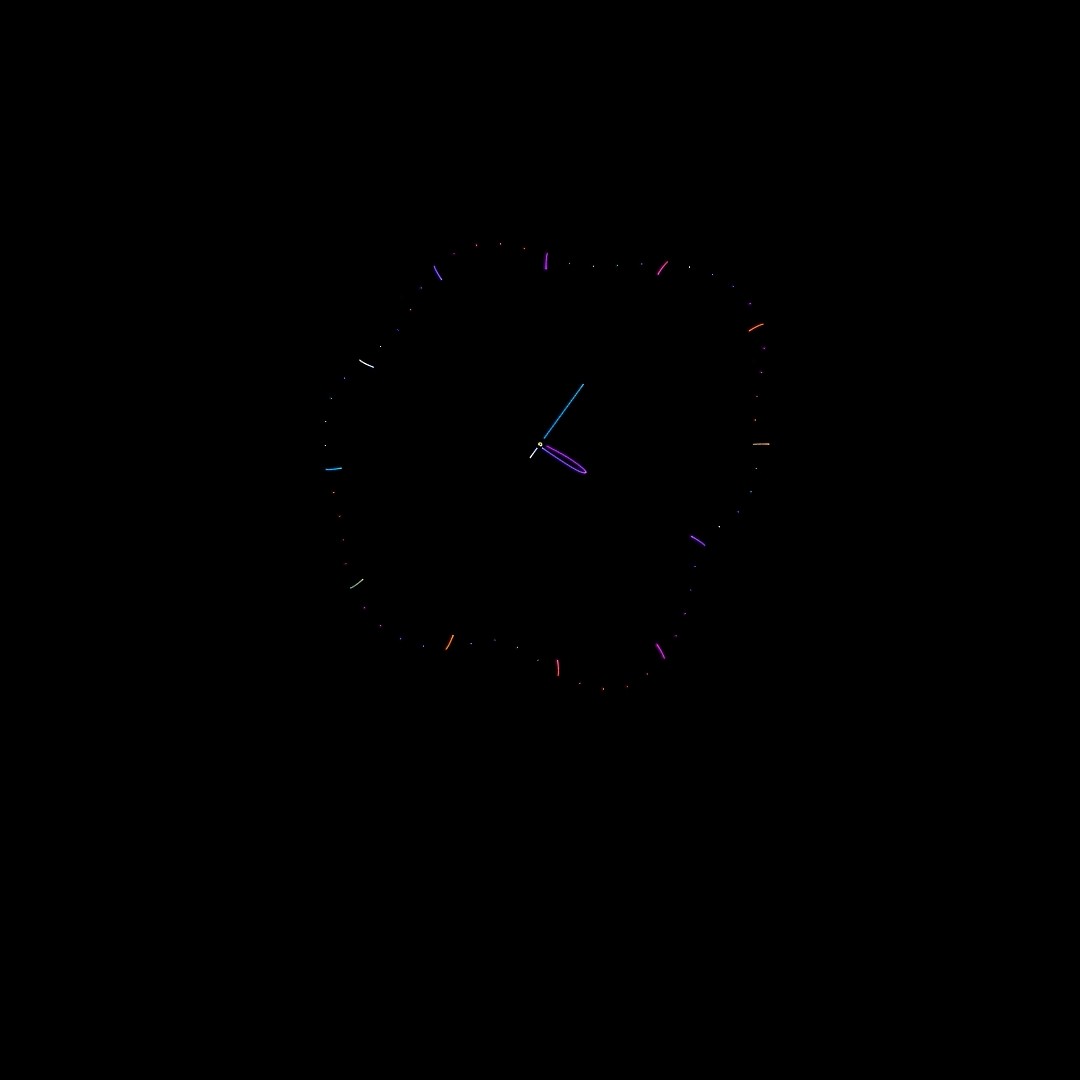 A larger irregular clock face with multicoloured tick marks